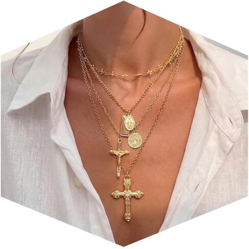 Edoneery Cross Necklace for Women, Gold Plated Vintage Faith Cross Pendant Layered Stackable Necklace Set with Colorful Diamonds, Boho Rhinestone Jewelry Gifts in Saudi Arabia
