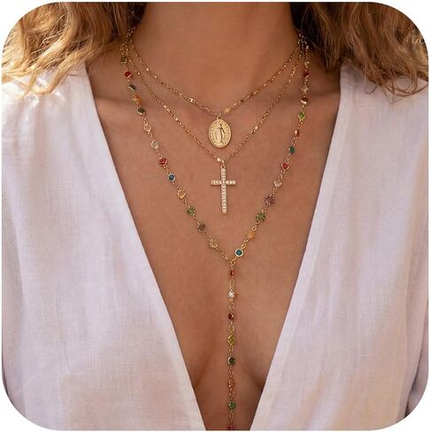 Edoneery Cross Necklace for Women, Gold Plated Vintage Faith Cross Pendant Layered Stackable Necklace Set with Colorful Diamonds, Boho Rhinestone Jewelry Gifts in Saudi Arabia