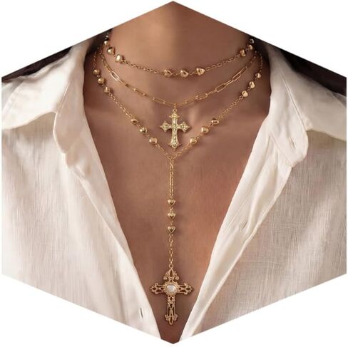 Edoneery Cross Necklace for Women, Gold Plated Vintage Faith Cross Pendant Layered Stackable Necklace Set with Colorful Diamonds, Boho Rhinestone Jewelry Gifts in Saudi Arabia