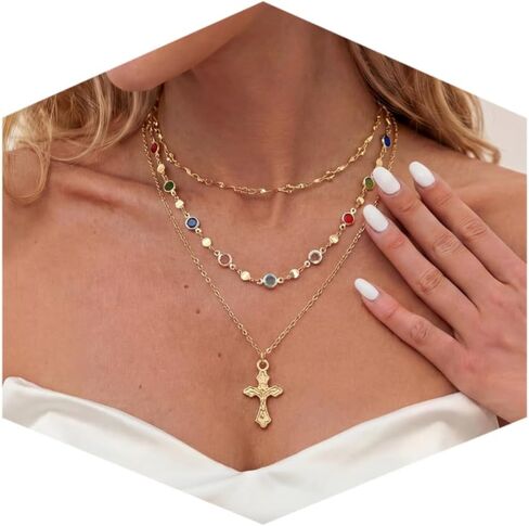 Edoneery Cross Necklace for Women, Gold Plated Vintage Faith Cross Pendant Layered Stackable Necklace Set with Colorful Diamonds, Boho Rhinestone Jewelry Gifts in Saudi Arabia