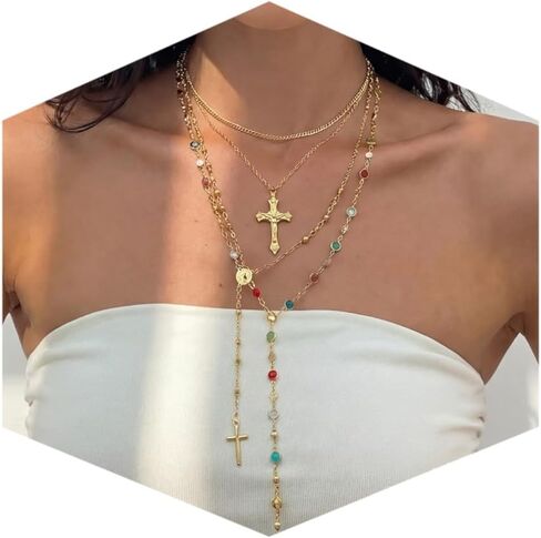 Edoneery Cross Necklace for Women, Gold Plated Vintage Faith Cross Pendant Layered Stackable Necklace Set with Colorful Diamonds, Boho Rhinestone Jewelry Gifts in Saudi Arabia