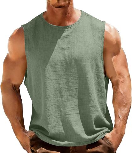Mens Tank Tops Summer Big and Tall Linen Sleeveless Shirts Regular-Fit Athletic Workout Tank Tops Beach Tank Top in Saudi Arabia