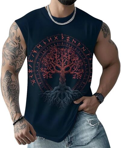 Men Vintage Viking Runes Symbols Norse Compass Animal Mythology Tank Top Sleeveless T Shirt in Saudi Arabia
