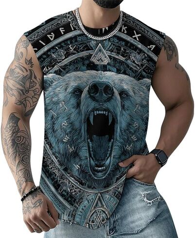 Men Vintage Viking Runes Symbols Norse Compass Animal Mythology Tank Top Sleeveless T Shirt in Saudi Arabia