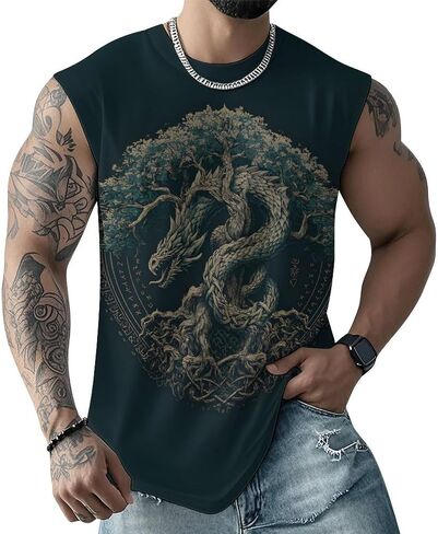 Men Vintage Viking Runes Symbols Norse Compass Animal Mythology Tank Top Sleeveless T Shirt in Saudi Arabia