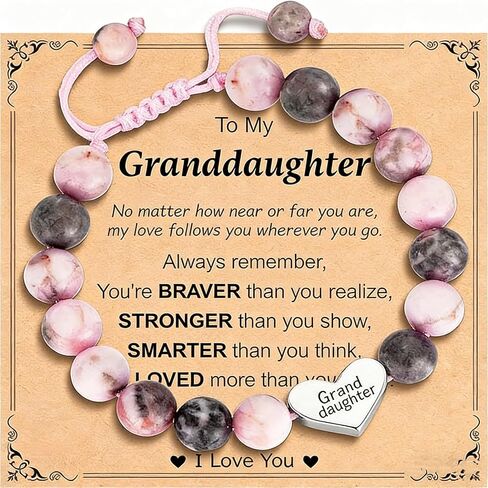 Granddaughter Bracelet from Grandma, Heart Natural Stone Beaded Bracelet for Girls, Valentines Birthday Easter Gifts for Daughter Granddaughter, Adjustable Jewelry Gift for Girls in Saudi Arabia