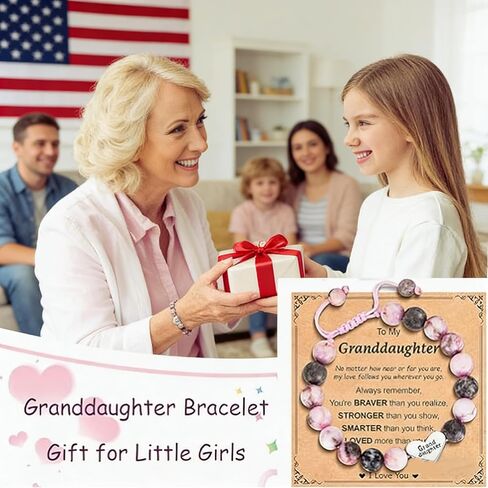 Granddaughter Bracelet from Grandma, Heart Natural Stone Beaded Bracelet for Girls, Valentines Birthday Easter Gifts for Daughter Granddaughter, Adjustable Jewelry Gift for Girls in Saudi Arabia