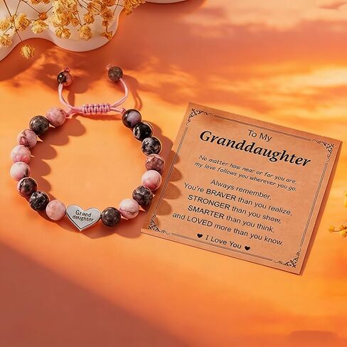 Granddaughter Bracelet from Grandma, Heart Natural Stone Beaded Bracelet for Girls, Valentines Birthday Easter Gifts for Daughter Granddaughter, Adjustable Jewelry Gift for Girls in Saudi Arabia
