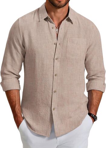 COOFANDY Men's Long Sleeve Button Down Shirt Casual Untucked Shirts Summer Beach Wedding Linen Textured Shirts in Saudi Arabia