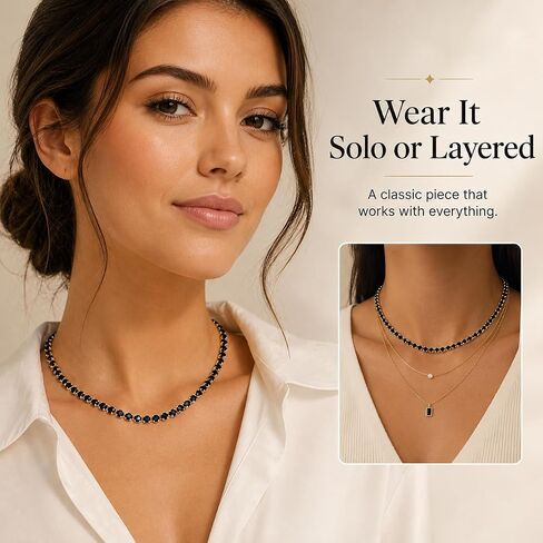 Black CZ Tennis Necklace for Women, 4mm Round Cubic Zirconia Rhinestone Choker with Silver Tone Setting, Adjustable Sparkly Chain for Layering, Party, Goth Y2K Jewelry Gift in Saudi Arabia