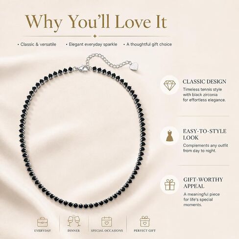 Black CZ Tennis Necklace for Women, 4mm Round Cubic Zirconia Rhinestone Choker with Silver Tone Setting, Adjustable Sparkly Chain for Layering, Party, Goth Y2K Jewelry Gift in Saudi Arabia