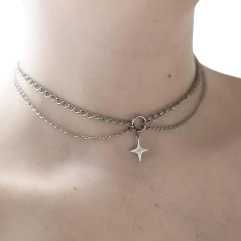 Layered Dainty Star Necklace Stainless Steel O Ring Choker Punk Y2K Collar Adjustable Celestial Jewelry for Women in Saudi Arabia