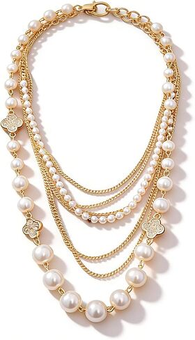 Multi Layered Pear Necklaces for Women Stacked Dainty Gold Pearl Chain Necklace Clover Multi Strand Necklace Long Statement Necklace Jewelry in Kuwait