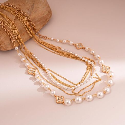 Multi Layered Pear Necklaces for Women Stacked Dainty Gold Pearl Chain Necklace Clover Multi Strand Necklace Long Statement Necklace Jewelry in Kuwait