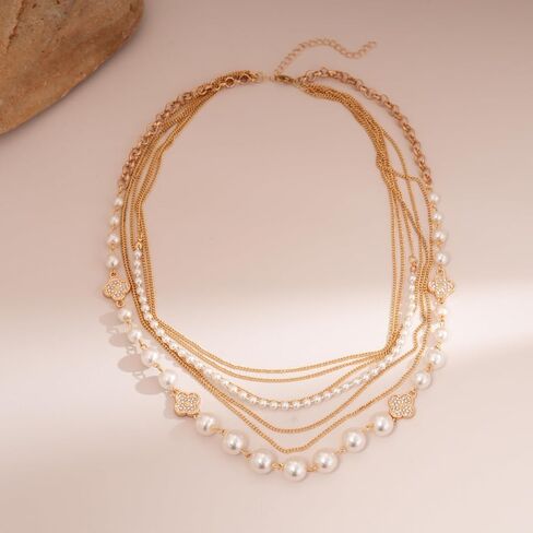 Multi Layered Pear Necklaces for Women Stacked Dainty Gold Pearl Chain Necklace Clover Multi Strand Necklace Long Statement Necklace Jewelry in Kuwait