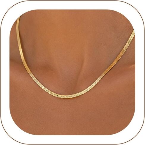 U7 Herringbone Choker Necklace for Women 14K Gold Plated/Rose Gold/Silver Chain Necklace, Stainless Steel Snake Chain Necklace 3/5MM, 12-18Inch Daily Wear with Gift Box in Kuwait
