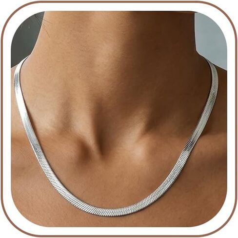 14K Gold/Silver Plated Stainless Steel Herringbone Necklace for Women, Dainty Snake Chain Choker, Trendy Simple Long Layered Jewelry, Non Tarnish 4mm Flexible Flat Necklace, Made in Italy in Saudi Arabia