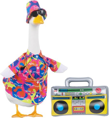 CAMDUCK 5 Pcs Summer Porch Goose Outfits, 80s 90s Outfit for 23'' Goose Statue, Hip Hop 1980s Goose Costume Clothes Accessories with Hawaiian Hat Skirt Sunglasses Gold Chain Inflatable Radio in Saudi Arabia