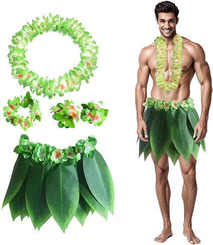 Hawaiian Hula Leaf Skirt Set Plus Size with Lei Necklace, Bracelet and Hair Clips, Tropical Hawaiian Costume Set in Saudi Arabia