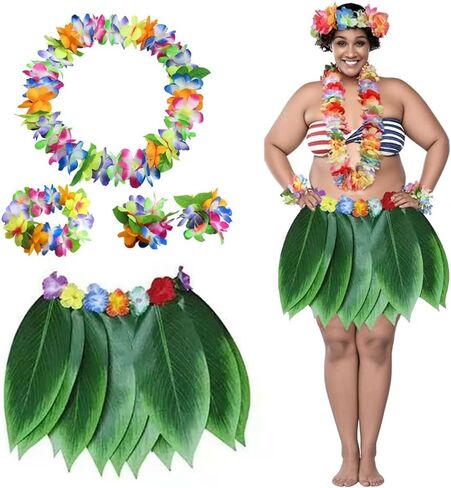 Hawaiian Hula Leaf Skirt Set Plus Size with Lei Necklace, Bracelet and Hair Clips, Tropical Hawaiian Costume Set in Saudi Arabia