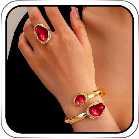 ACEDRE Gold Red Ring Bracelet Set Vintage Gemstone Open Cuff Bangle Sets Prom Costume Accessories for Women in Saudi Arabia