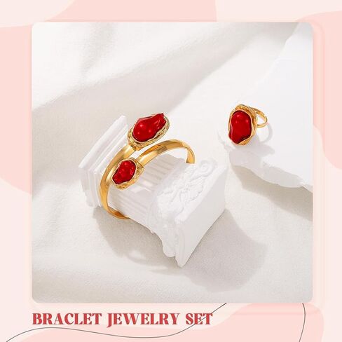 ACEDRE Gold Red Ring Bracelet Set Vintage Gemstone Open Cuff Bangle Sets Prom Costume Accessories for Women in Saudi Arabia