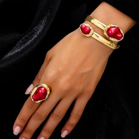 ACEDRE Gold Red Ring Bracelet Set Vintage Gemstone Open Cuff Bangle Sets Prom Costume Accessories for Women in Saudi Arabia