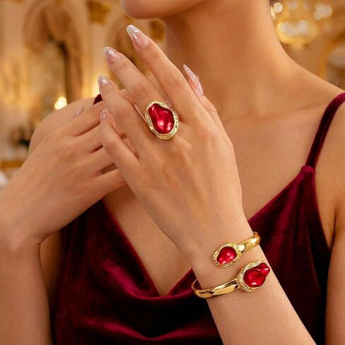 ACEDRE Gold Red Ring Bracelet Set Vintage Gemstone Open Cuff Bangle Sets Prom Costume Accessories for Women in Saudi Arabia