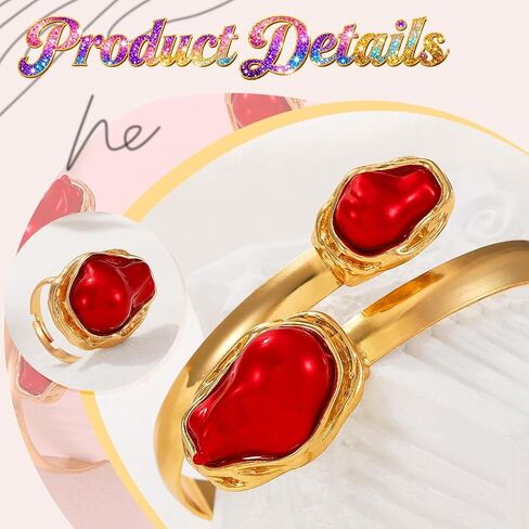 ACEDRE Gold Red Ring Bracelet Set Vintage Gemstone Open Cuff Bangle Sets Prom Costume Accessories for Women in Saudi Arabia