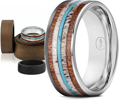 Gentlemen's Bands Silver Tungsten Men's Wedding Band with Deer Antler, Koa Wood & Turquoise Inlay - 8mm | Engagement/Wedding Ring for Men | Includes Silicone Band, Leather Pouch & Luxury Walnut Box in Kuwait