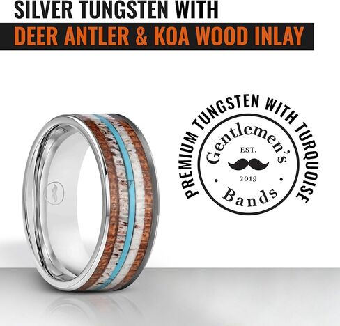 Gentlemen's Bands Silver Tungsten Men's Wedding Band with Deer Antler, Koa Wood & Turquoise Inlay - 8mm | Engagement/Wedding Ring for Men | Includes Silicone Band, Leather Pouch & Luxury Walnut Box in Kuwait