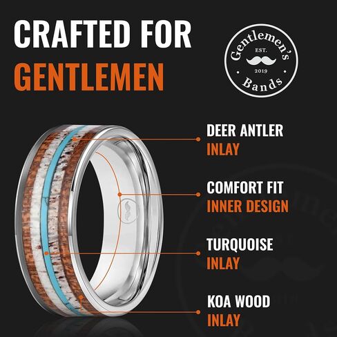 Gentlemen's Bands Silver Tungsten Men's Wedding Band with Deer Antler, Koa Wood & Turquoise Inlay - 8mm | Engagement/Wedding Ring for Men | Includes Silicone Band, Leather Pouch & Luxury Walnut Box in Kuwait