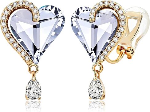 EVEVIC Austrian Crystal Heart Clip on Earrings for Women Trendy Halo Teardrop 14K Gold Plated Hypoallergenic Non Piercing Comfortable Jewelry Gift in Kuwait