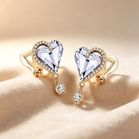EVEVIC Austrian Crystal Heart Clip on Earrings for Women Trendy Halo Teardrop 14K Gold Plated Hypoallergenic Non Piercing Comfortable Jewelry Gift in Kuwait