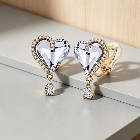 EVEVIC Austrian Crystal Heart Clip on Earrings for Women Trendy Halo Teardrop 14K Gold Plated Hypoallergenic Non Piercing Comfortable Jewelry Gift in Kuwait