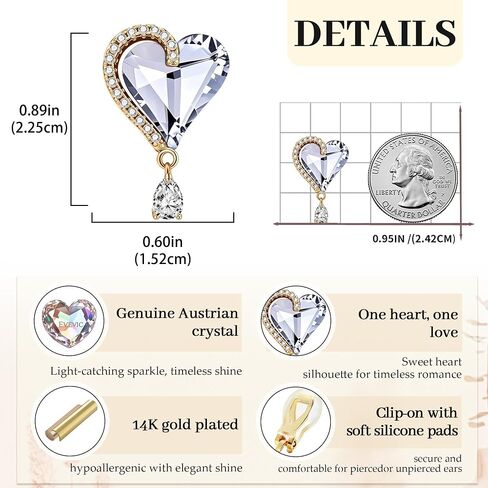 EVEVIC Austrian Crystal Heart Clip on Earrings for Women Trendy Halo Teardrop 14K Gold Plated Hypoallergenic Non Piercing Comfortable Jewelry Gift in Kuwait