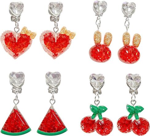 Unique Clip On Earrings for Women–Non Pierced Earrings,Acrylic Ear Clips Jewelry|Cherry, Heart, Watermelon, and Bunny Designs|Lightweight & Comfortable with Sponge Pads(Set of 4) in Saudi Arabia