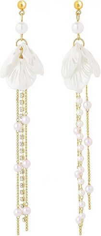 Dainty Long Pearl Drop Clip On Earrings for Women Dangly Gold Rhinestone and White Pearls Tassel Shell Flower Dangle Earring Dangling Trendy Jewelry in Kuwait