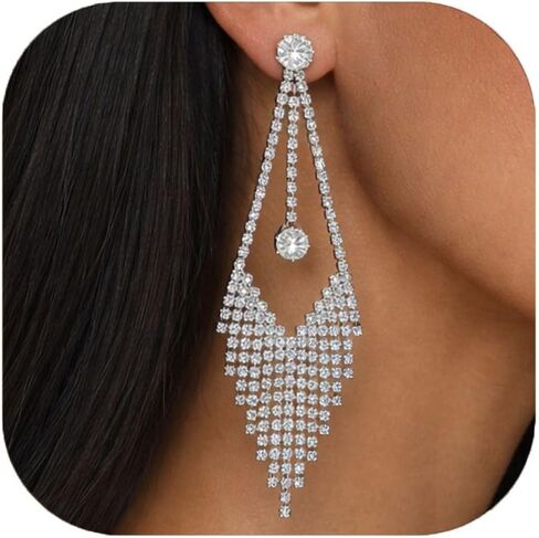 Silver Gold Clip On Earrings for Women, Rhinestone Cubic Zirconia Tassel Dangle Drop Earrings, Non Pierced Statement Earring Clips, Sparkly Bridal Wedding Prom Jewelry Gifts in Saudi Arabia