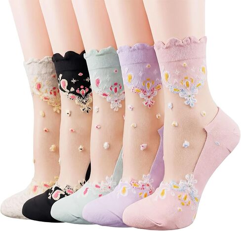 5 Pack Sheer Socks for Women Ruffle Delicate Nylon Mesh Ankle Socks Cute Floral Sheer Sock Lightweight Summer Thin in Saudi Arabia