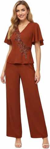 2 Piece Chiffon Mother of the Bride Pant Suits V-Neck Flutter Sleeve Lace Applique Wedding Guest Dressy Outfit WT041 in Saudi Arabia