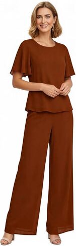 2 Pieces Mother of The Bride Pant Suits for Wedding Guest Chiffon Half Sleeve Women Dressy Pantsuits WT045 in Saudi Arabia