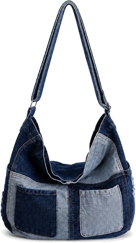Women Denim Crossbody Bag Multi-Pockets Shoulder Purse Color Block Jean Slouchy Hobo Satchel Hangbag in Saudi Arabia