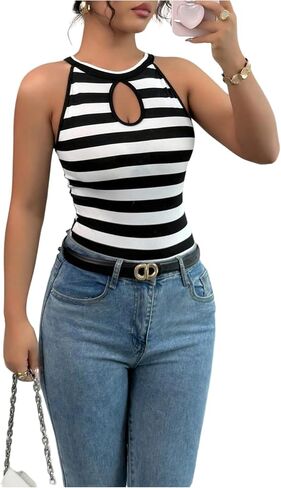 WDIRARA Women's Striped Cutout Front Bodysuit Sleeveless Crew Neck Fitted Tank Tops in Kuwait