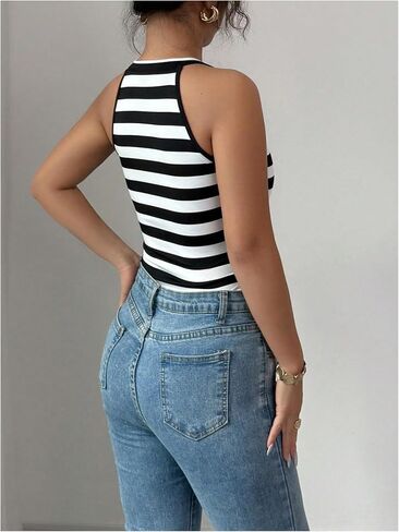 WDIRARA Women's Striped Cutout Front Bodysuit Sleeveless Crew Neck Fitted Tank Tops in Kuwait