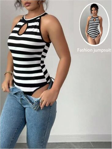 WDIRARA Women's Striped Cutout Front Bodysuit Sleeveless Crew Neck Fitted Tank Tops in Kuwait