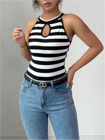 WDIRARA Women's Striped Cutout Front Bodysuit Sleeveless Crew Neck Fitted Tank Tops in Kuwait