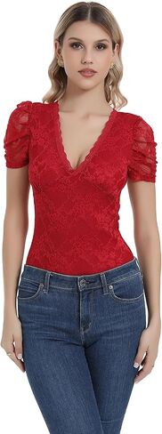 Women's Deep V Neck Lace Bodysuit Double Layer Body & Single Layer Sleeve Short Sleeve One Piece Bodysuit in Kuwait