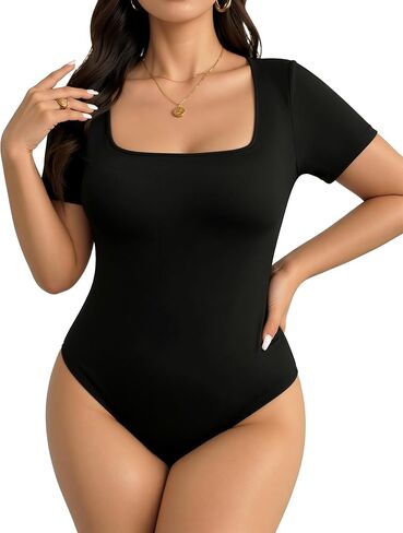 Women's Plus Size Square Neck Short Sleeve Bodysuit Slim Fitted Sexy Body Suits Shirt Basic Tops in Saudi Arabia