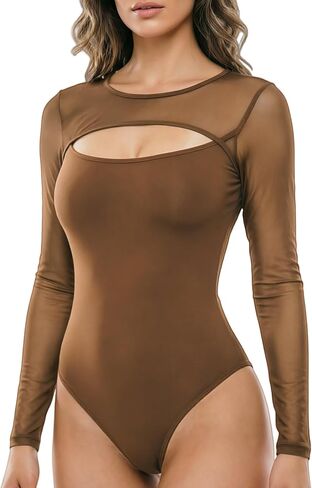 FEOYA Womens Mesh Long Sleeve Bodysuit Patchwork Hollow Out One-piece Going Out Corset Tops Concert Outfits XS-L in Kuwait